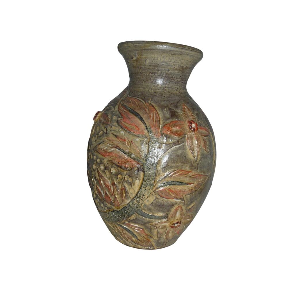 Vintage 1970s Hand-Carved Artisan Pottery Floral Vase Muted Colors